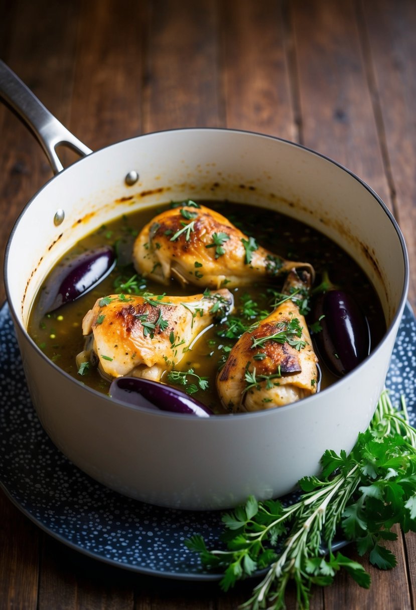 A simmering pot of white wine braised chicken with eggplant and herbs