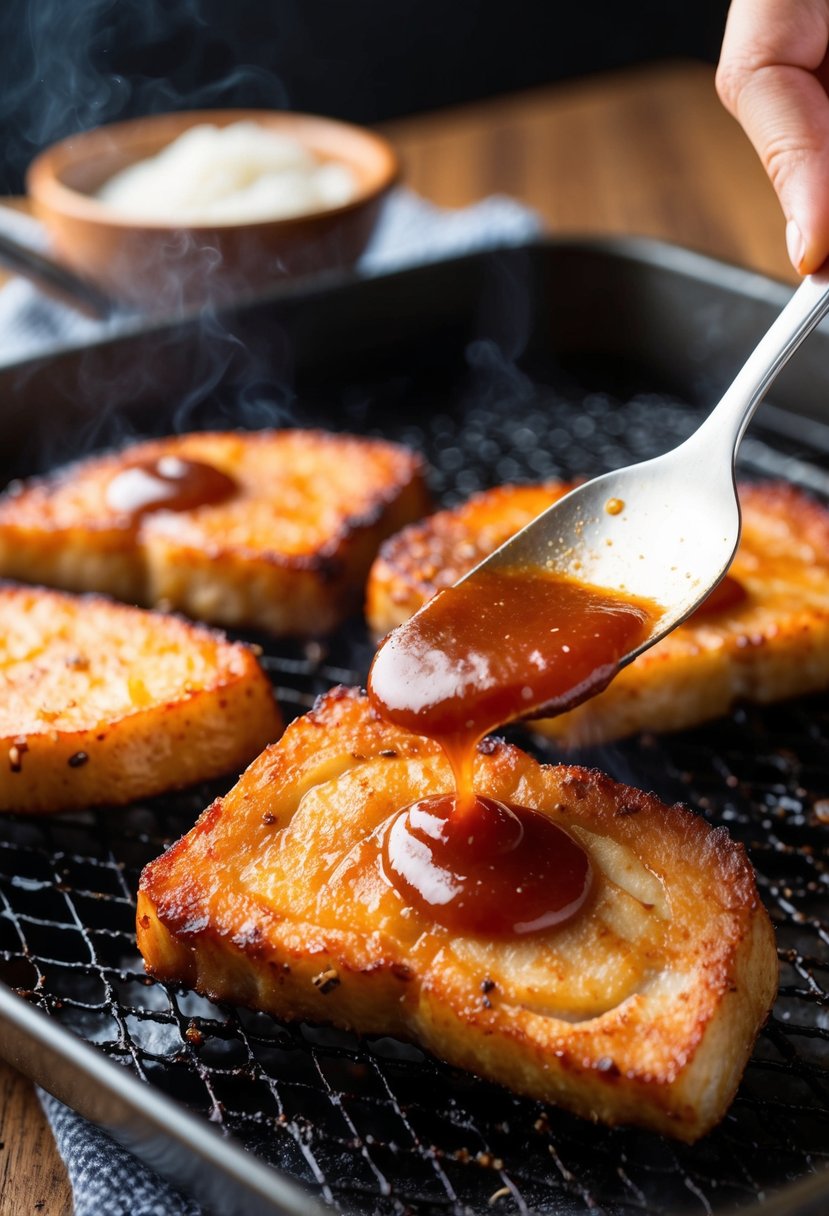 Sizzling pork belly slices being air-fried, coated in tangy BBQ sauce