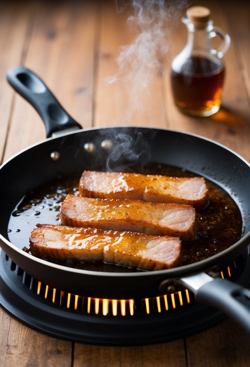 Pork belly slices sizzling in a pan with bubbling maple syrup, emitting a sweet and savory aroma