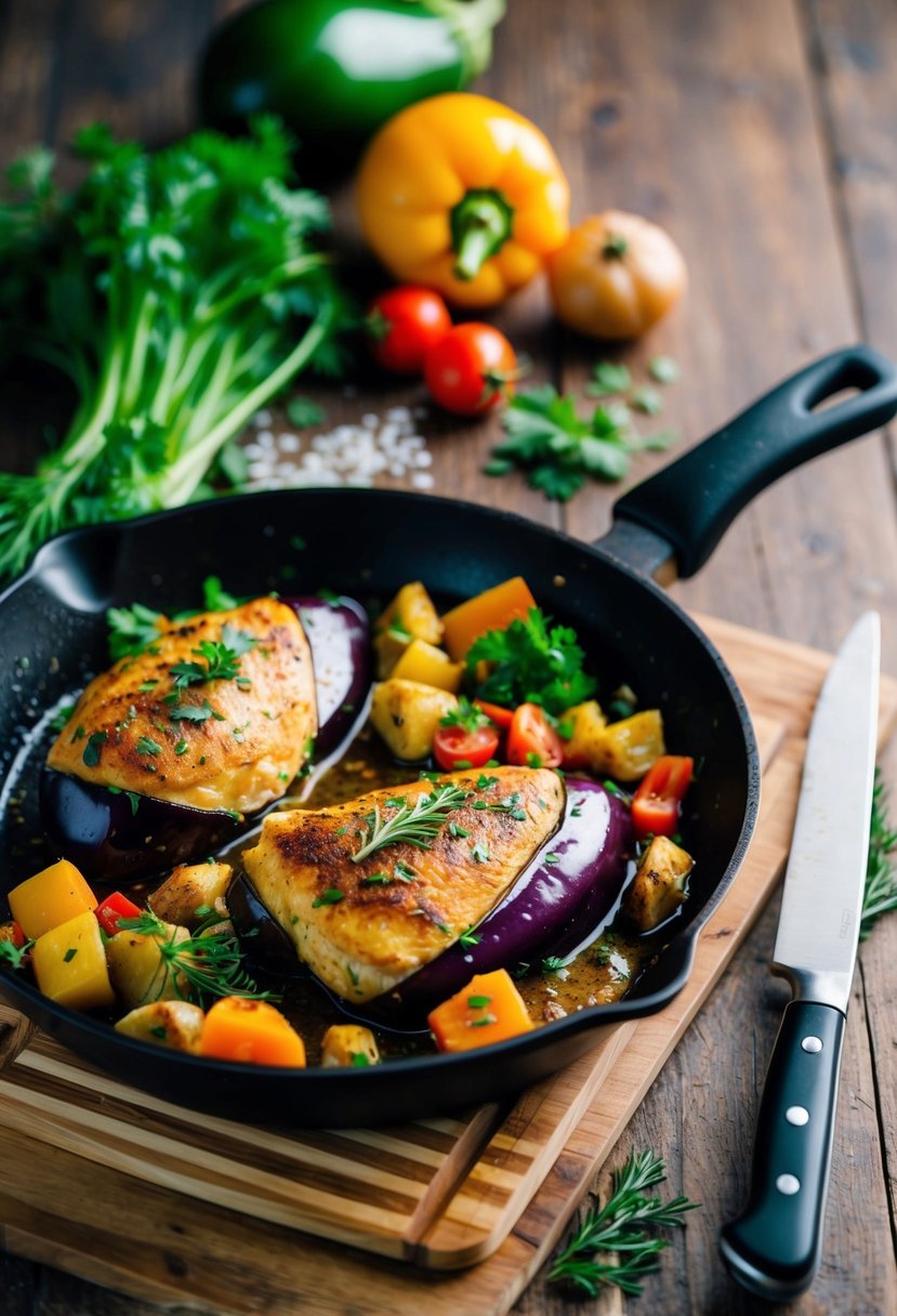 A sizzling skillet holds seasoned chicken and eggplant with colorful vegetables, herbs, and spices