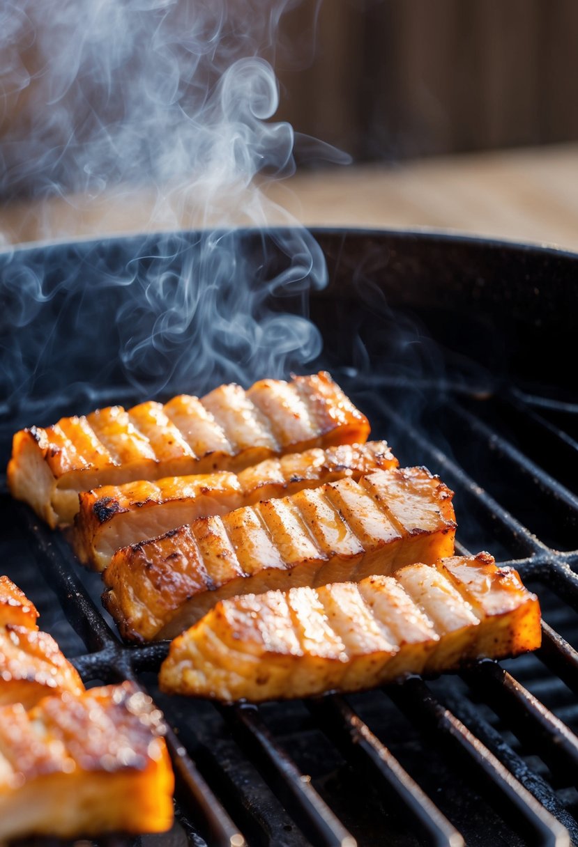 Thick slices of pork belly sizzling on a hot grill, smoke rising as they sear to golden perfection