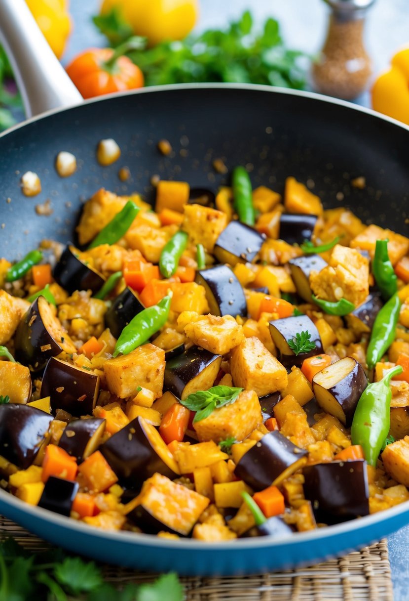 Sizzling stir-fry pan with diced eggplant and chicken, surrounded by colorful vegetables and aromatic spices