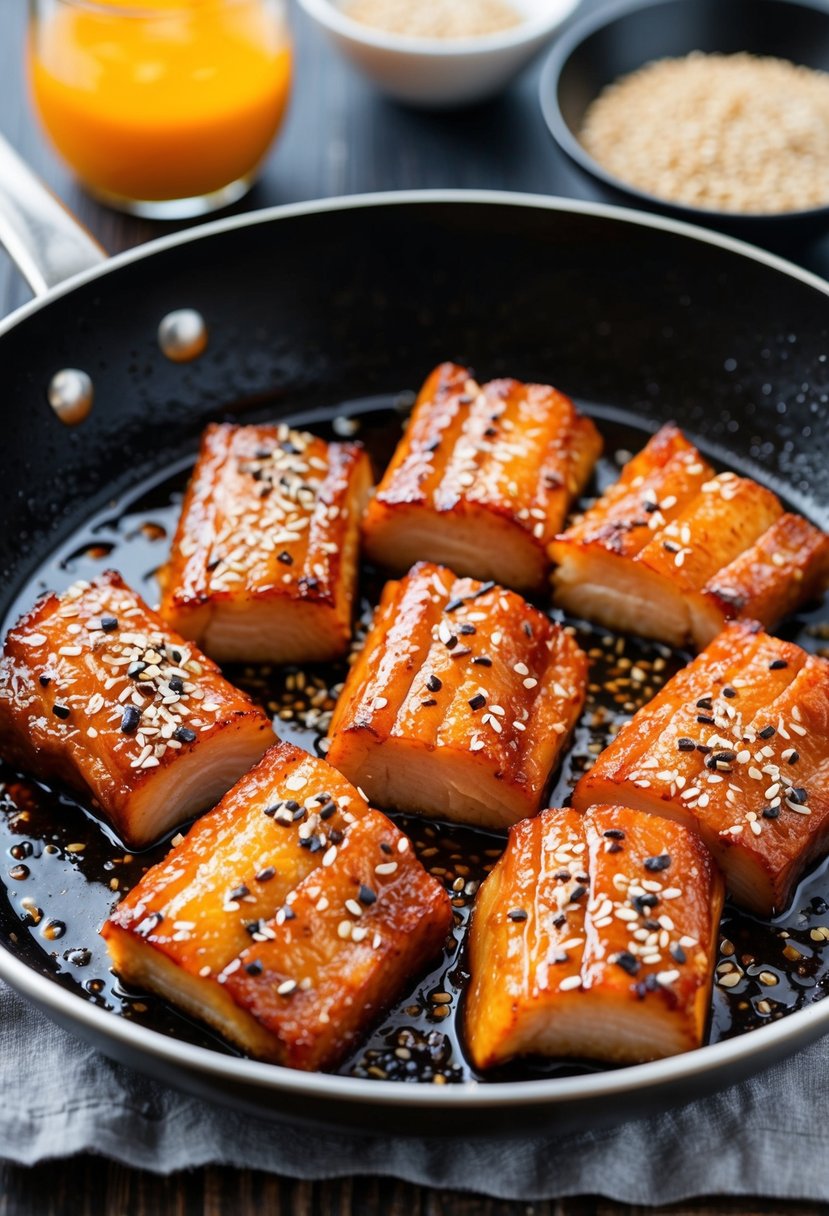 A sizzling skillet of caramelized Korean pork belly slices with a glossy sweet and spicy glaze. A sprinkle of sesame seeds adds a finishing touch