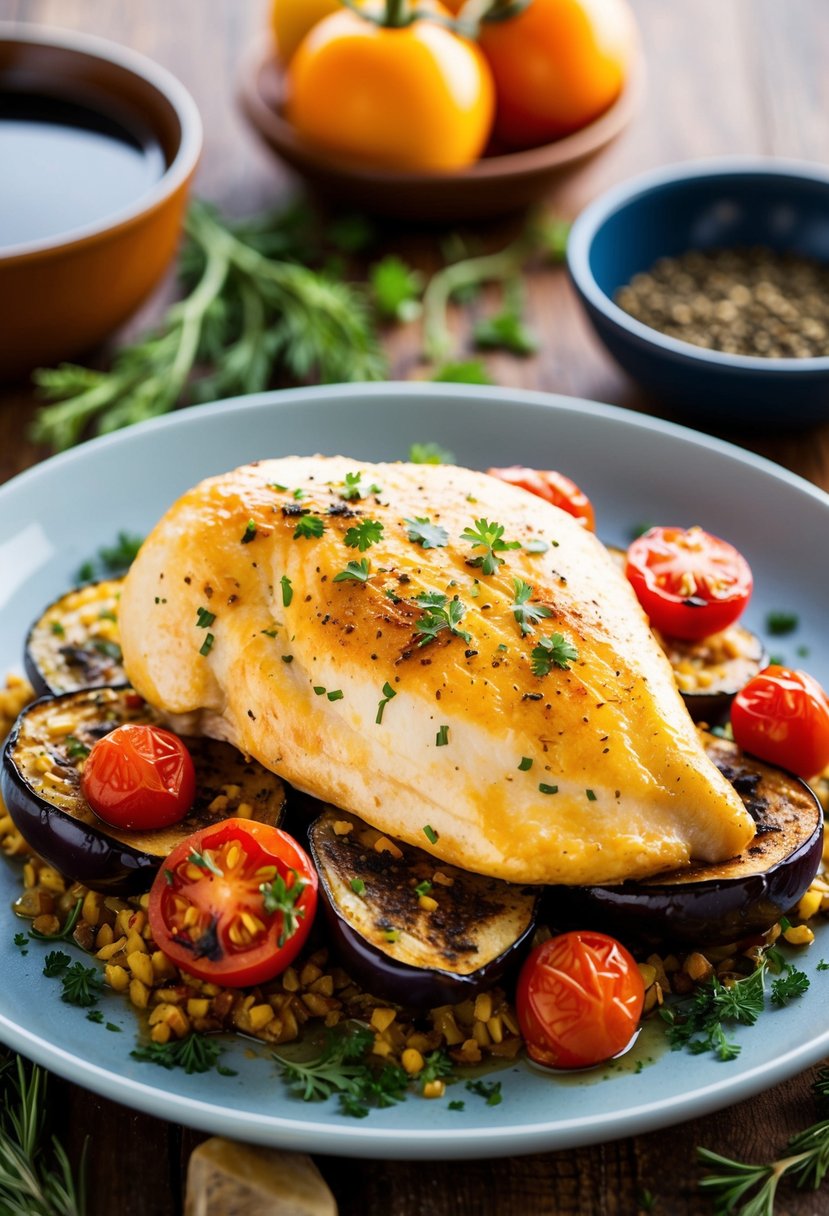 A golden-brown chicken breast sits atop a bed of roasted eggplant and tomatoes, surrounded by fragrant Mediterranean herbs and spices