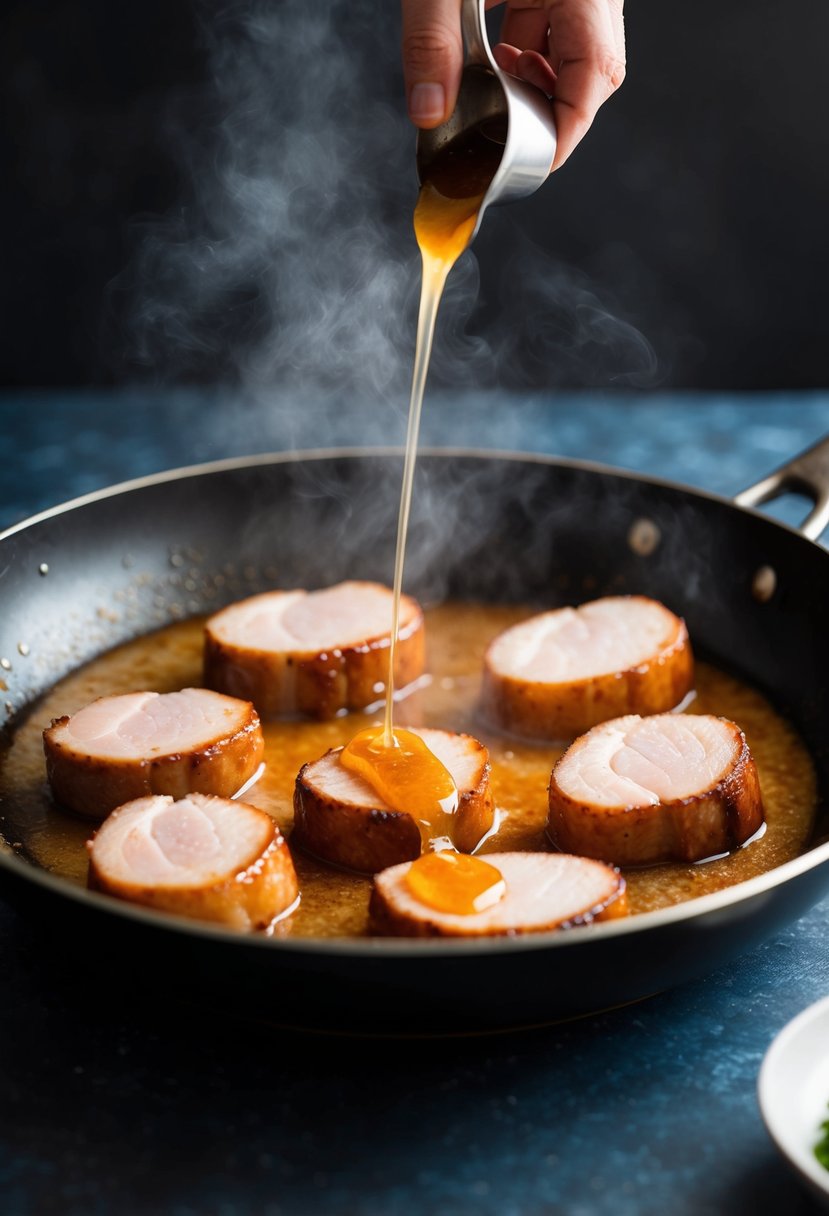 Pork belly slices sizzling in a pan with a glaze of honey garlic sauce, emitting a savory aroma