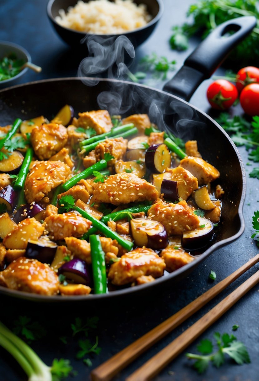 A sizzling skillet with sesame ginger chicken and eggplant stir-fry, steam rising, surrounded by vibrant vegetables and aromatic herbs