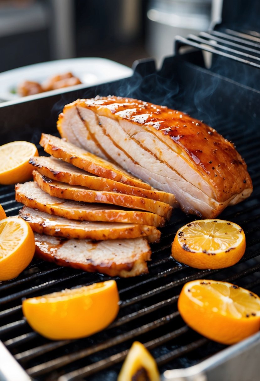 A succulent pork belly, glistening with citrus glaze, sizzling on a hot grill. Juicy slices caramelizing to perfection