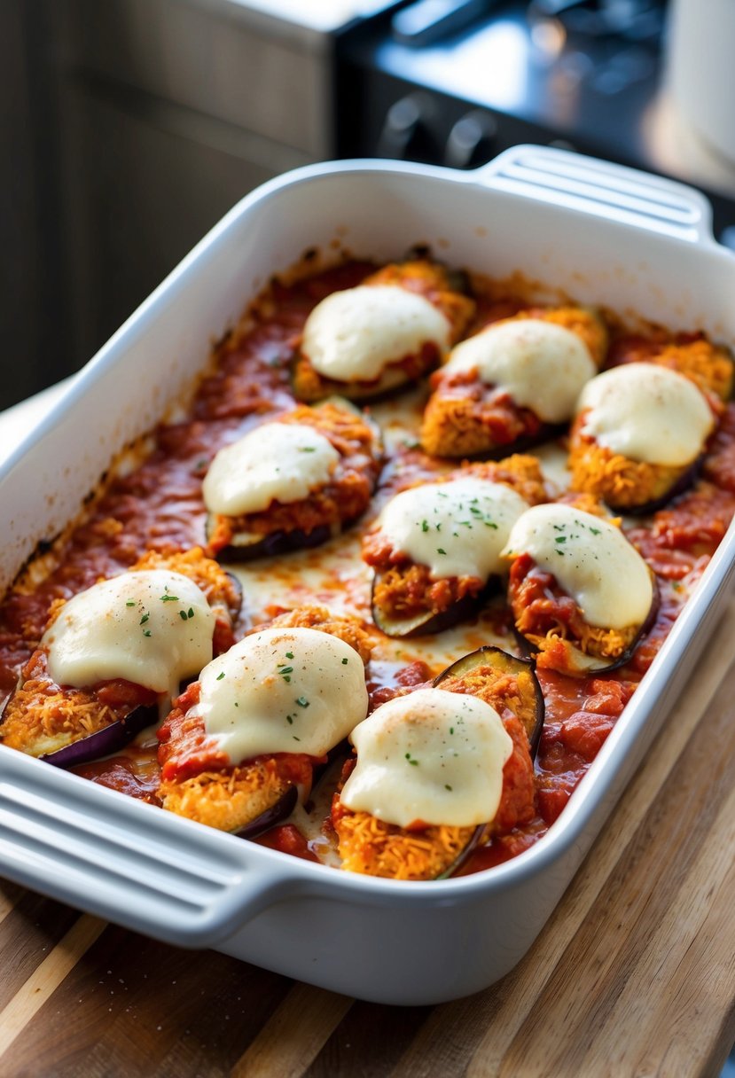 A baking dish filled with layers of breaded chicken, sliced eggplant, marinara sauce, and melted cheese, ready to be baked in the oven