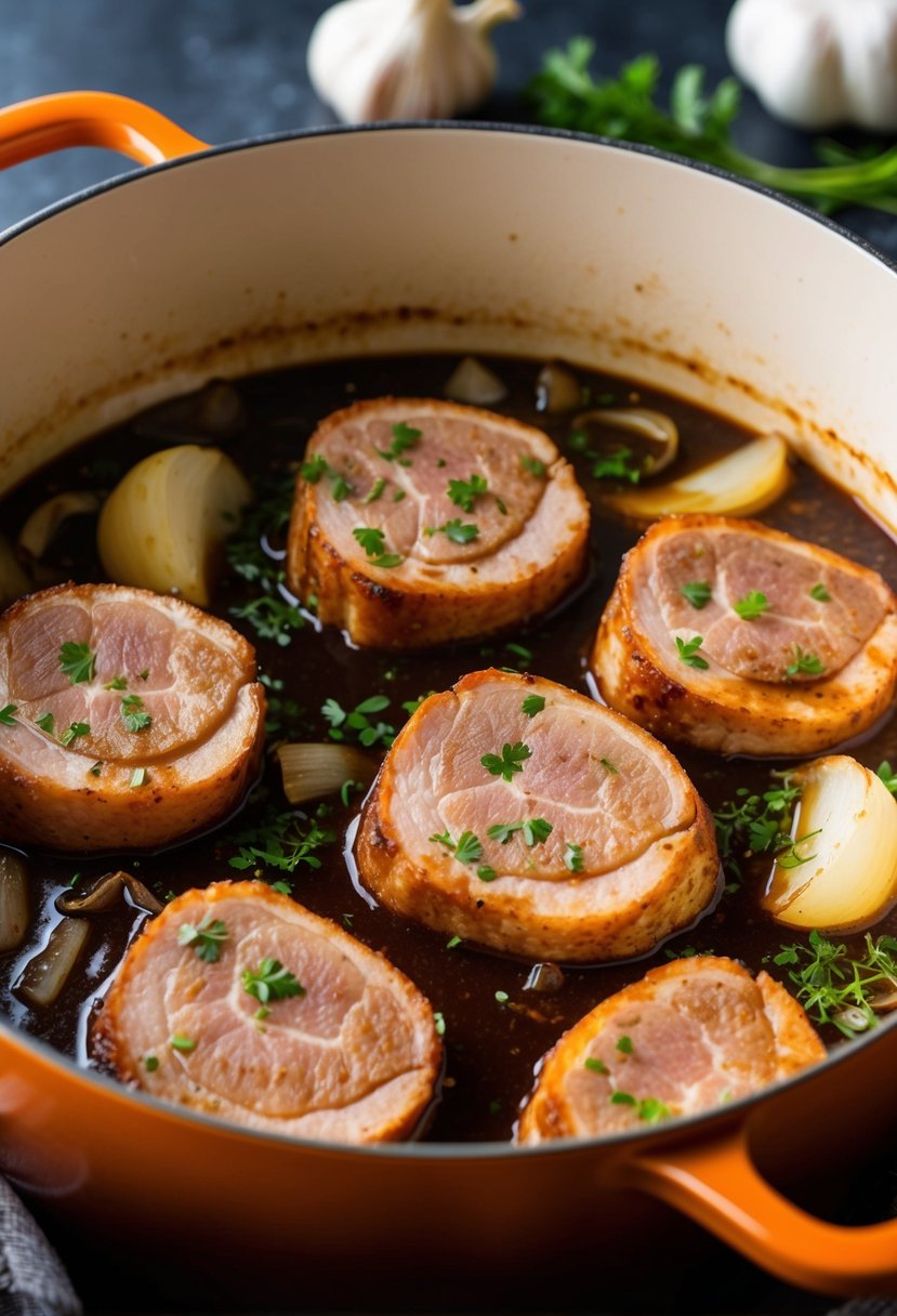 A simmering pot of pork belly slices in rich red wine sauce. Onions, garlic, and herbs surround the bubbling meat