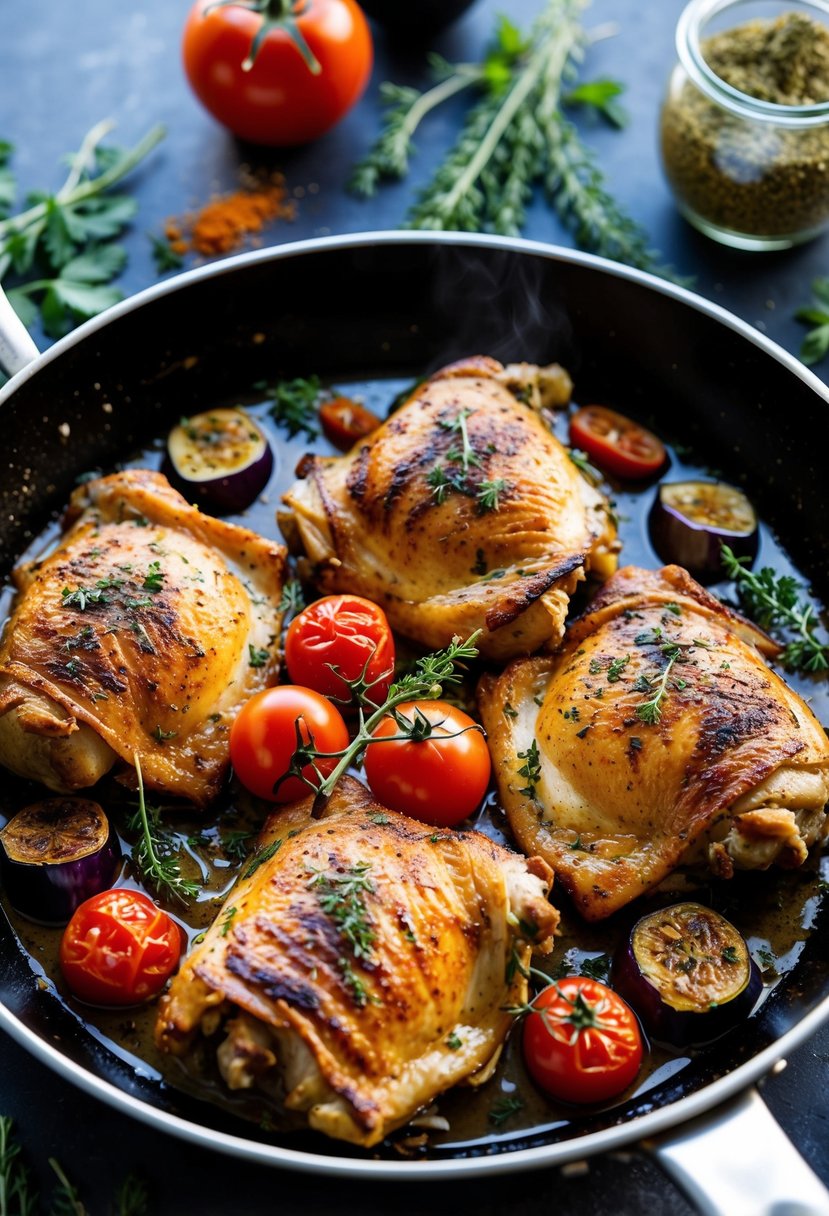 A sizzling skillet of roasted chicken thighs, tomato, and eggplant, surrounded by aromatic herbs and spices