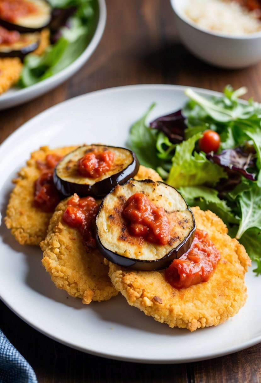 Golden fried chicken cutlets topped with marinara and eggplant slices on a white plate, with a side of vibrant green salad