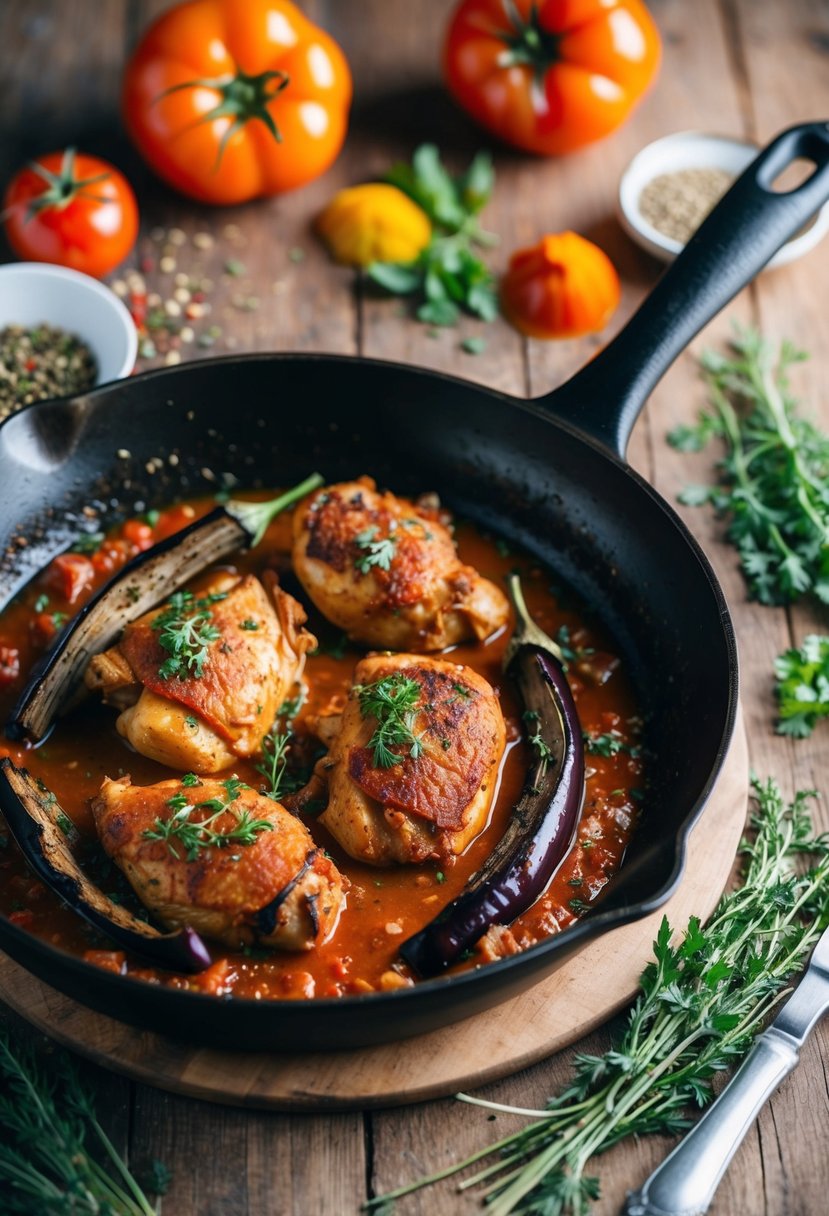 A sizzling skillet with tomato-braised chicken and crispy eggplant, surrounded by colorful herbs and spices