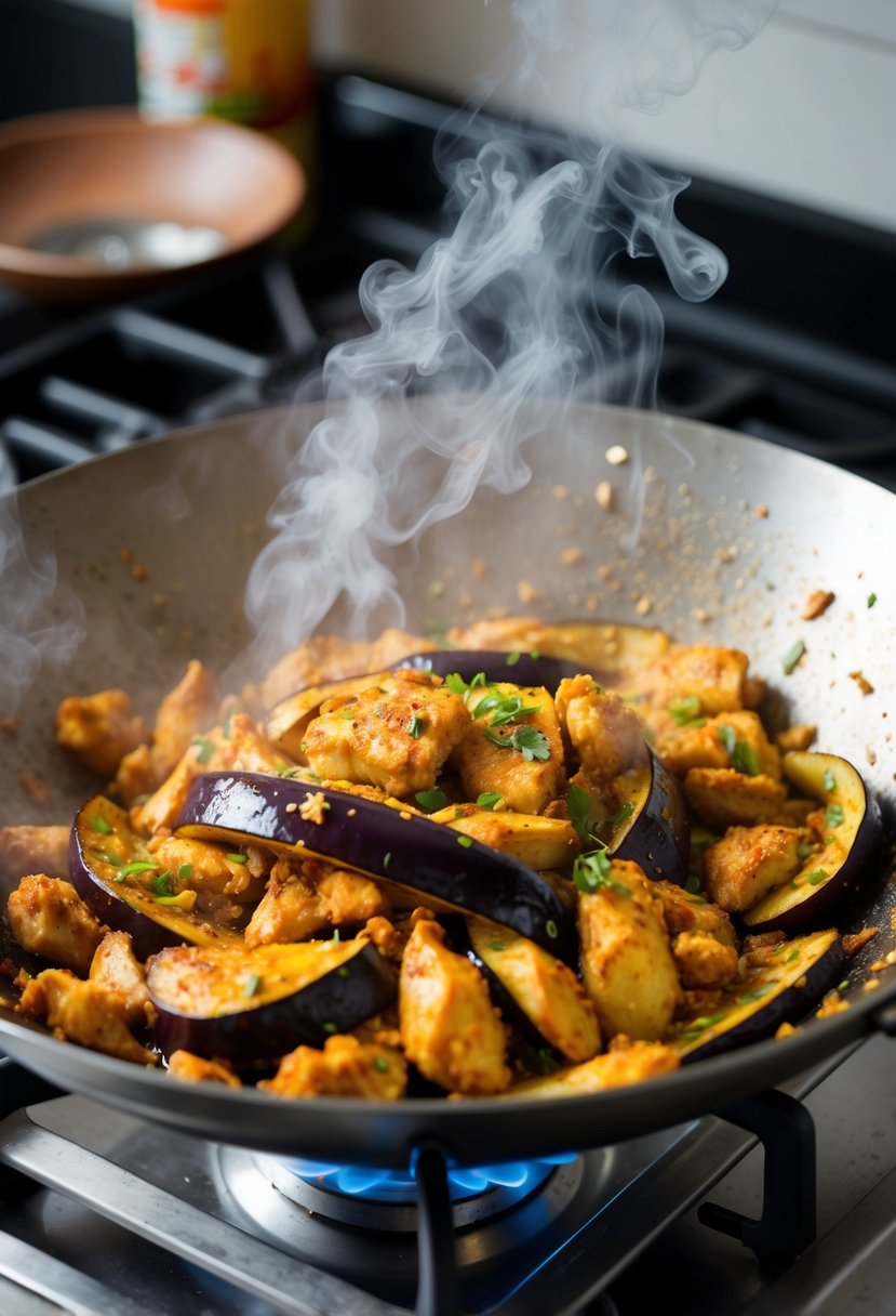 Sizzling chicken and eggplant stir-fry in a wok over a gas flame. Steam rising, vibrant colors, and the aroma of spicy seasonings