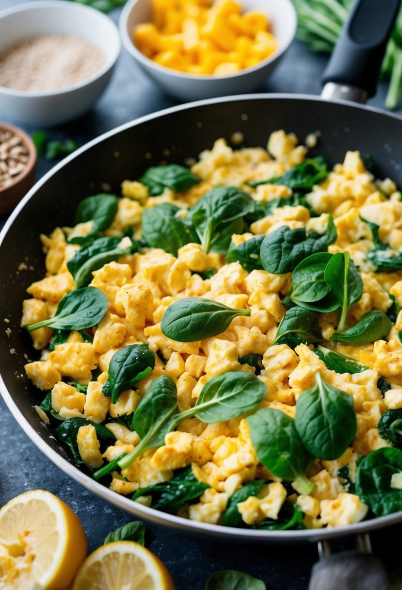 A skillet sizzles with scrambled eggs mixed with fresh spinach, surrounded by a variety of breakfast ingredients