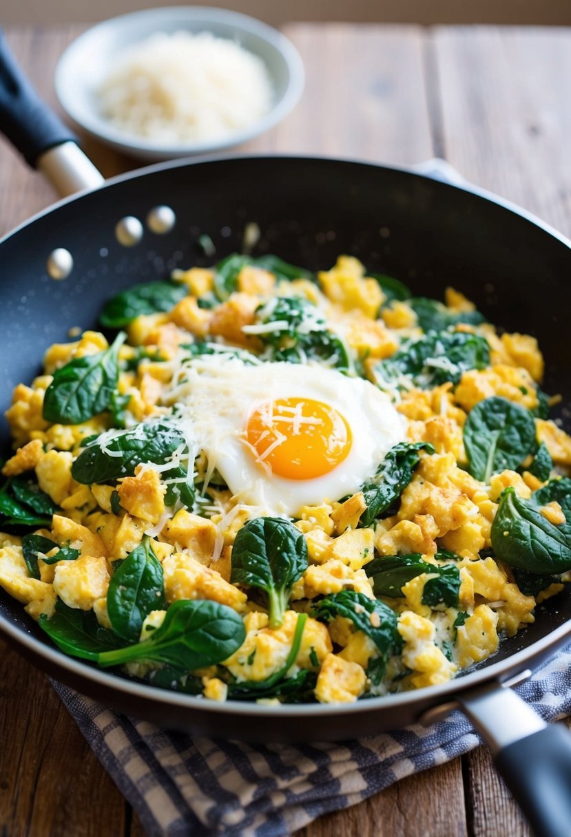 A sizzling pan of spinach and egg scramble topped with Parmesan cheese