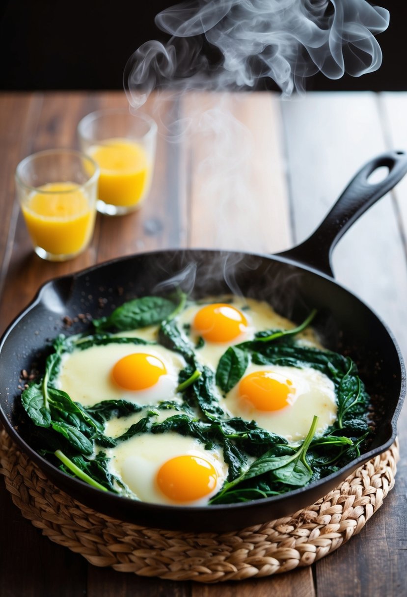 A sizzling skillet of Persian Nargesi, with vibrant green spinach and perfectly cooked eggs, steaming and ready to be served for breakfast