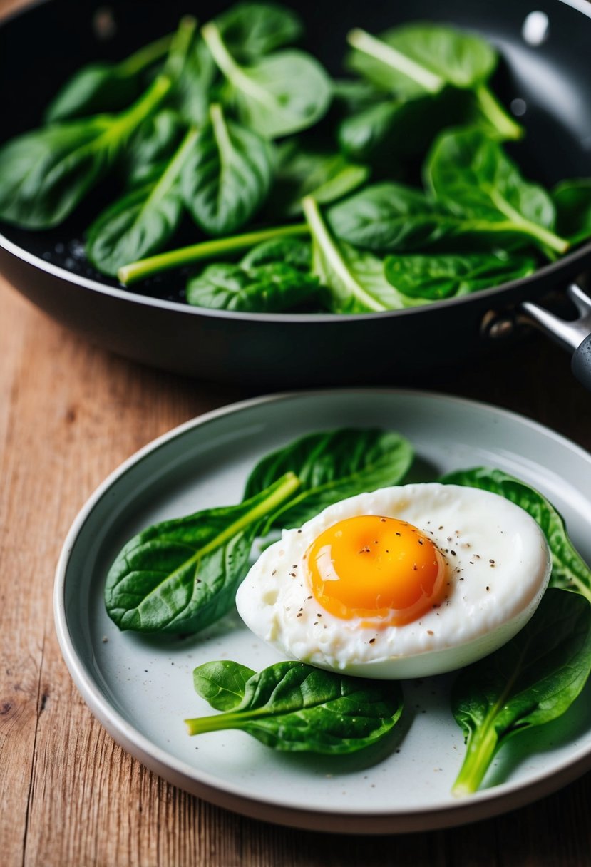 Fresh spinach leaves sizzling in a pan, next to a perfectly poached egg on a plate