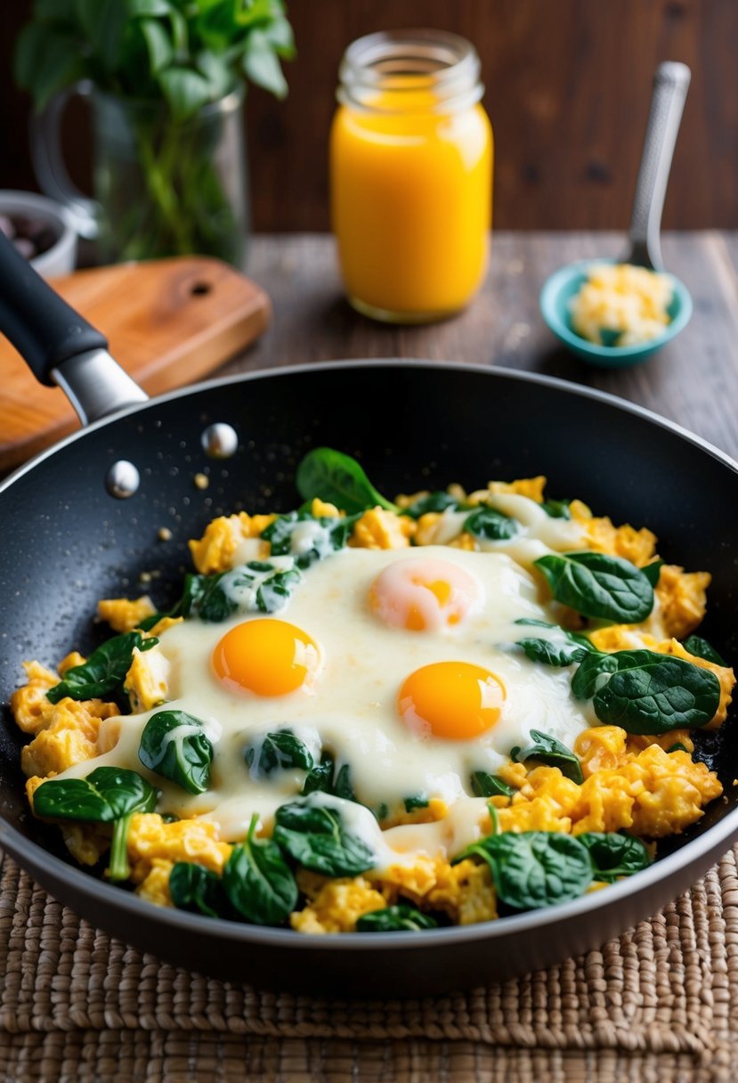 A sizzling skillet holds a fluffy scramble of eggs, vibrant green spinach, and gooey melted mozzarella cheese