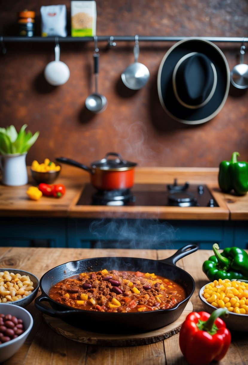 A rustic kitchen with a cast iron skillet sizzling with Texan chili, surrounded by ingredients like beans, corn, and peppers. A cowboy hat hangs on a hook nearby