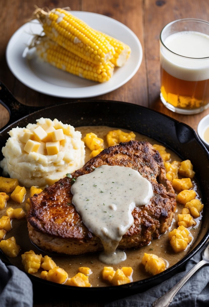 A sizzling chicken-fried steak on a cast-iron skillet, surrounded by mashed potatoes and gravy, with a side of buttery corn and a cold glass of sweet tea