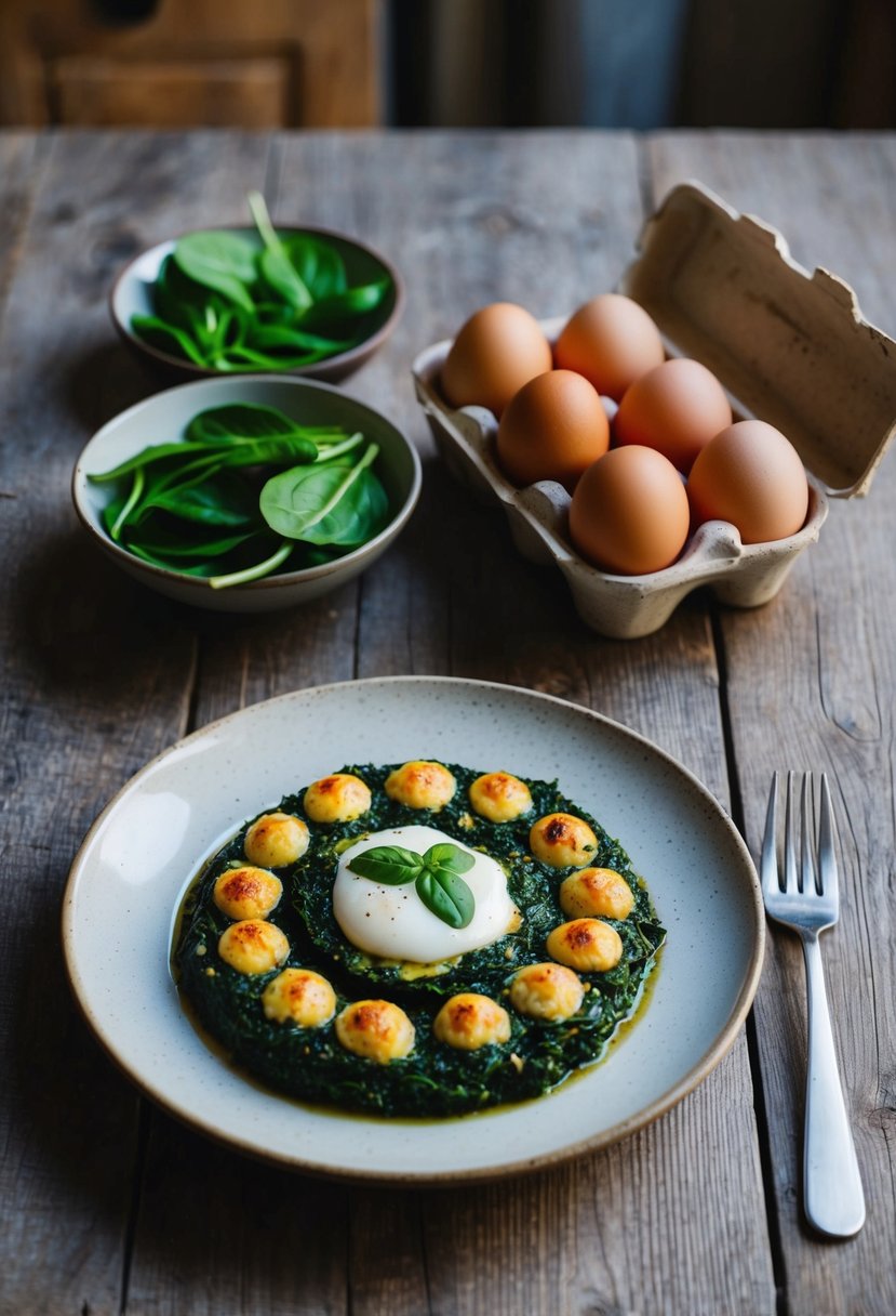 A rustic kitchen table set with a plate of Turkish Ispanaklı Yumurta, accompanied by a bowl of fresh spinach and a carton of eggs