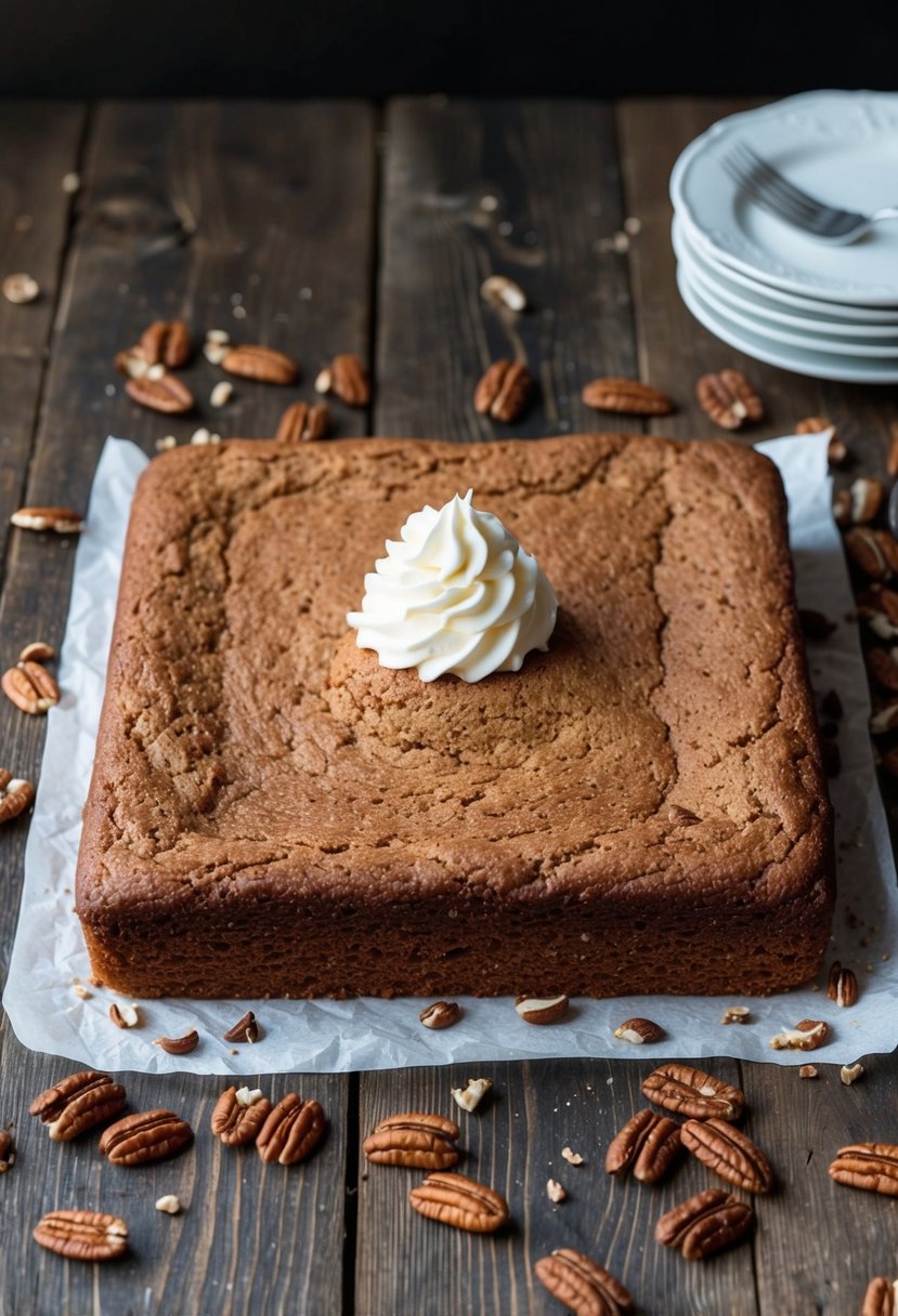 A large Texas Sheet Cake sits on a rustic wooden table, surrounded by scattered pecans and a dollop of whipped cream