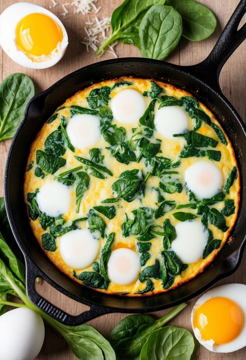 A sizzling frittata in a cast iron skillet, bubbling with creamy spinach and Parmesan, surrounded by fresh spinach leaves and cracked eggs