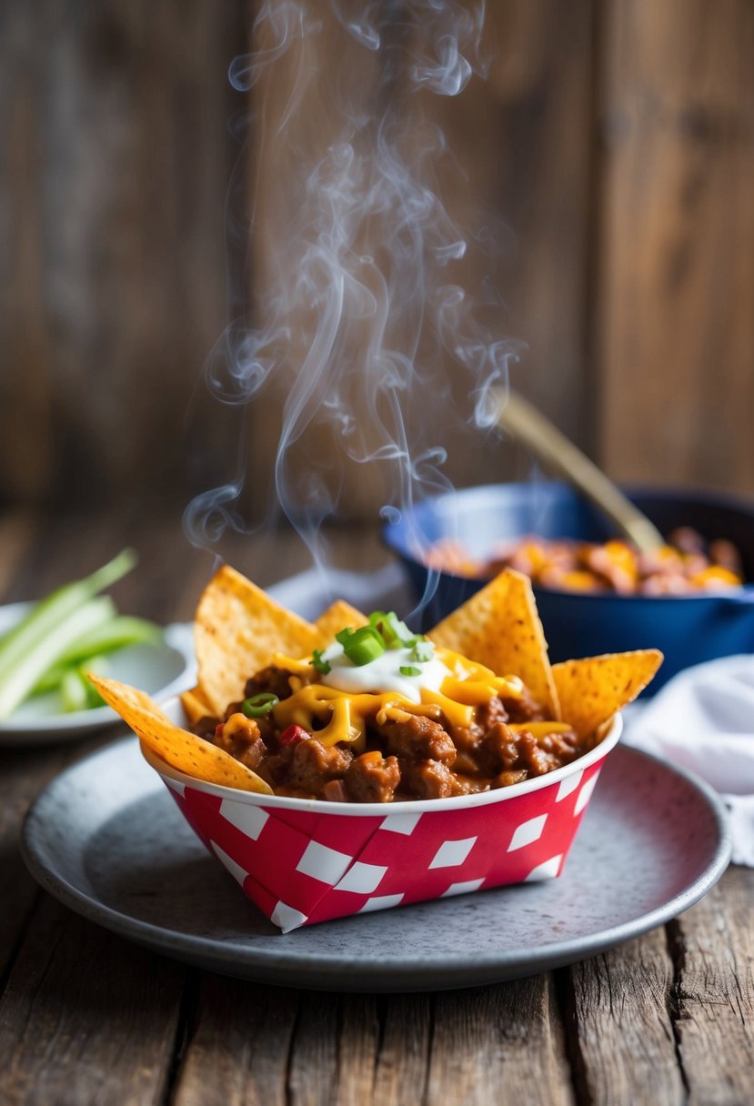 A steaming dish of Frito Pie topped with chili, cheese, and onions, served in a red and white checkered paper boat on a rustic wooden table