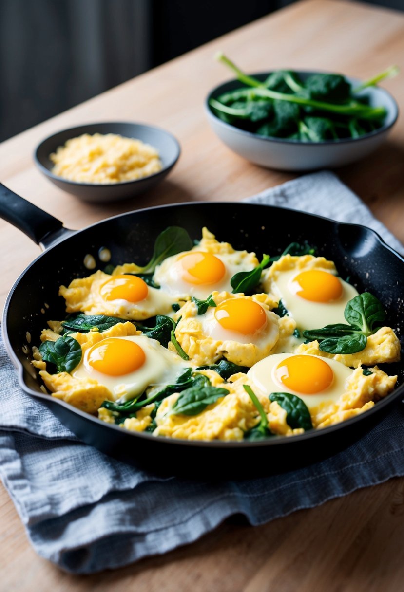 A skillet with fluffy scrambled eggs and fresh spinach cooking over a low-carb breakfast table