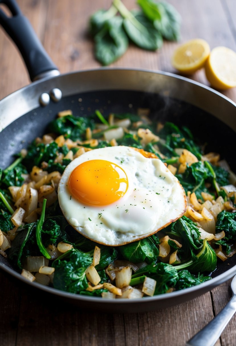 A sizzling skillet filled with sautéed spinach and onions, topped with a perfectly cooked sunny-side-up egg