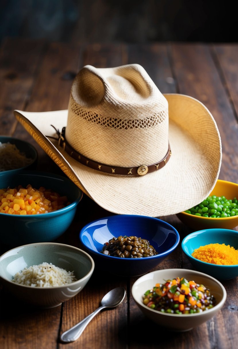 A cowboy hat rests on a wooden table, surrounded by bowls of colorful ingredients for making Texan cowboy caviar