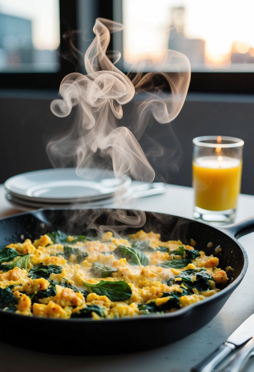 A skillet sizzling with a spicy spinach and egg scramble, steam rising from the hot dish on a breakfast table