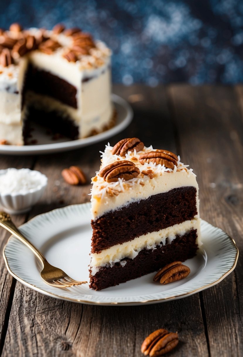 A slice of German Chocolate Cake on a rustic wooden table with coconut and pecan frosting