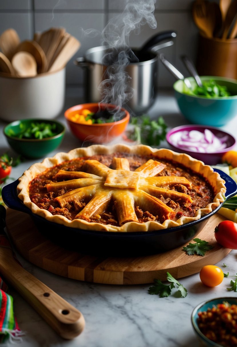 A Texan kitchen with a steaming Carnitas Tamale Pie fresh from the oven, surrounded by colorful ingredients and cooking utensils