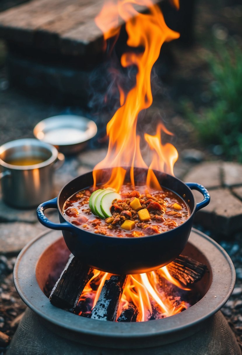 A steaming pot of Texas-style chili simmers over a crackling fire, surrounded by a rustic outdoor setting