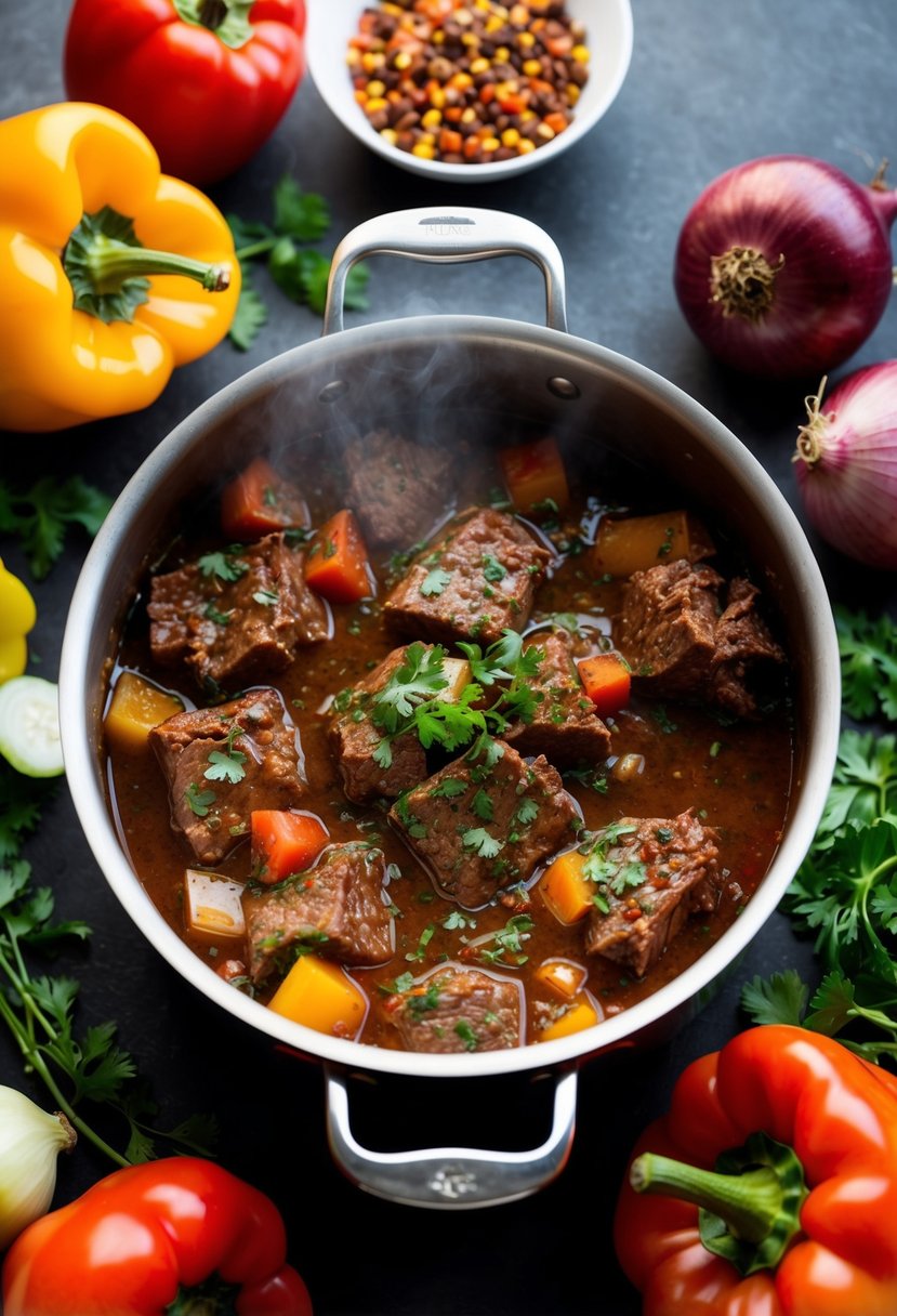 A steaming pot of beef barbacoa simmering with Texan spices and herbs, surrounded by colorful ingredients like peppers, onions, and tomatoes