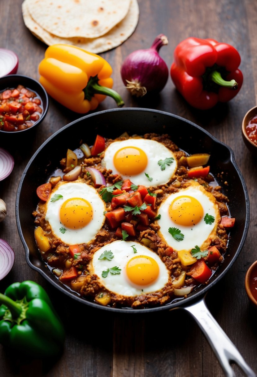 A sizzling skillet holds huevos rancheros, surrounded by colorful peppers, onions, and salsa. A warm tortilla completes the Texan breakfast scene