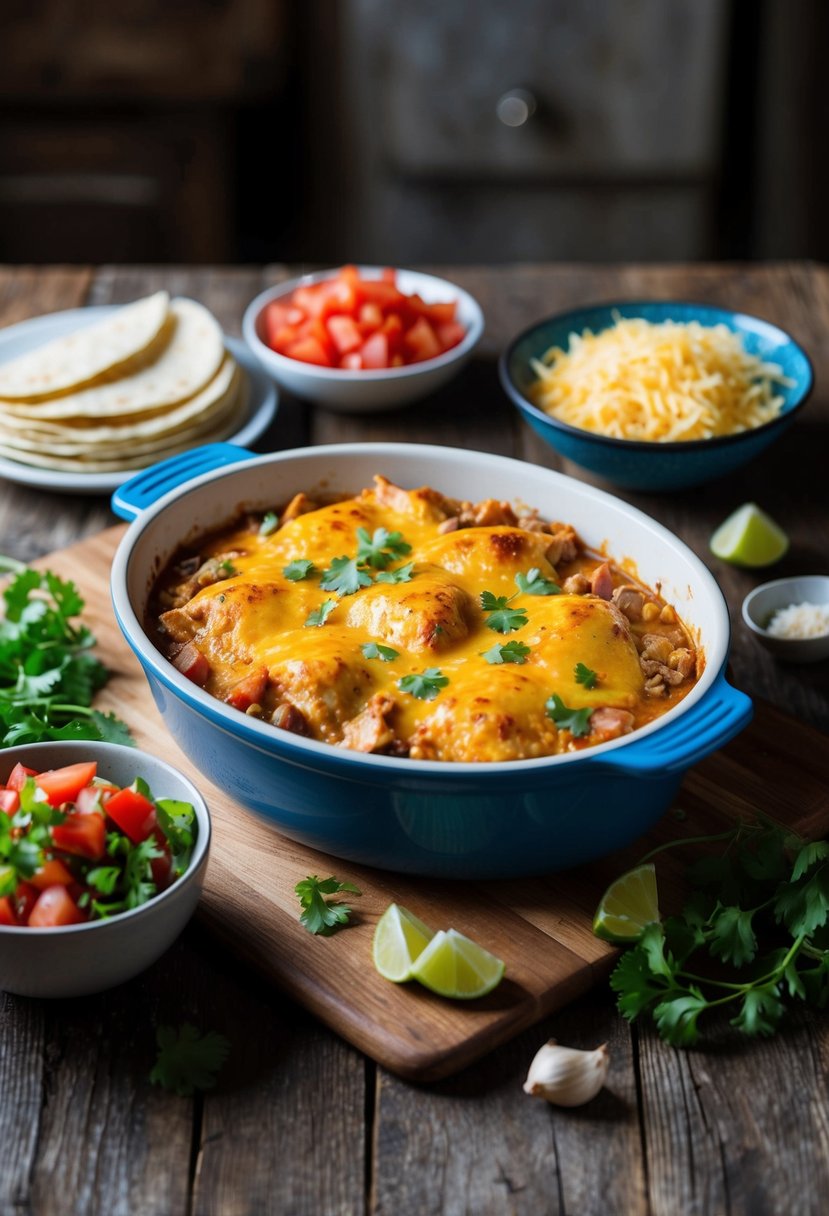 A rustic kitchen with a bubbling casserole dish of King Ranch Chicken, surrounded by ingredients like tortillas, cheese, and diced tomatoes