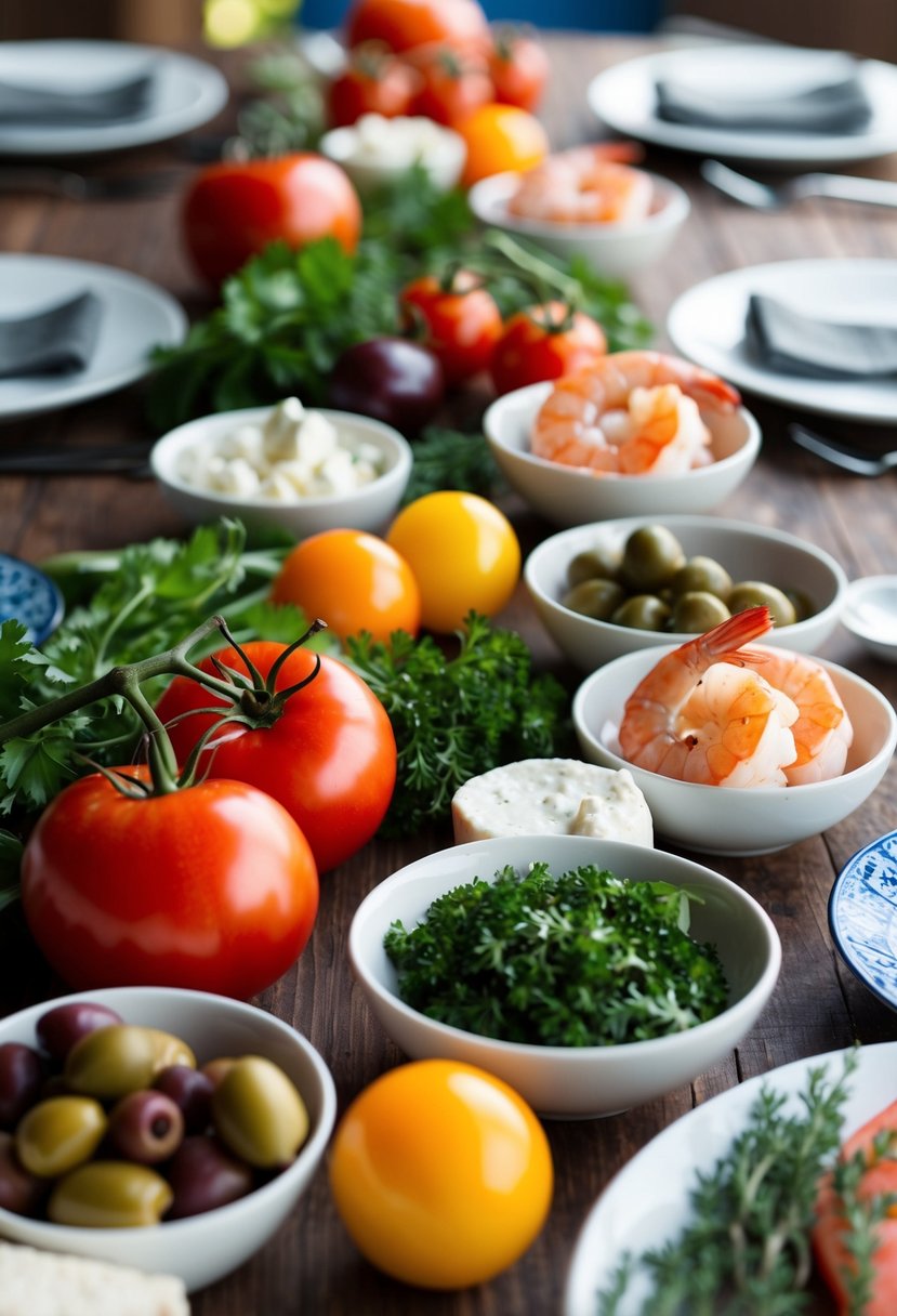 A table set with a colorful array of fresh Mediterranean ingredients including shrimp, tomatoes, olives, feta cheese, and herbs