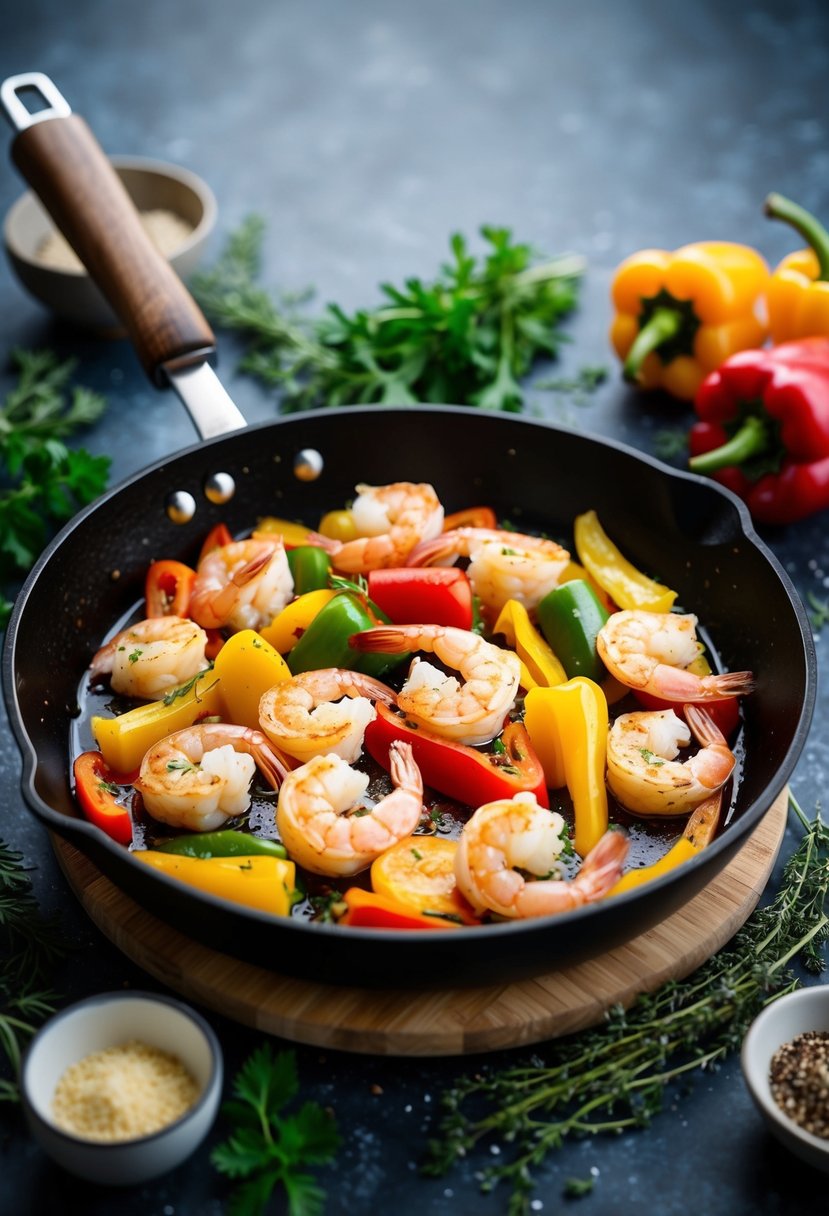 A sizzling skillet with garlic shrimp and colorful bell peppers, surrounded by Mediterranean herbs and spices