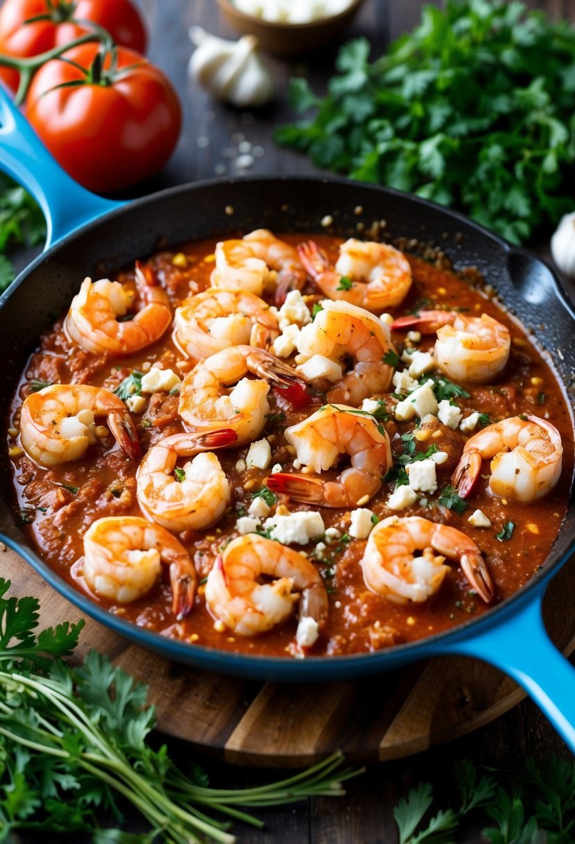 A sizzling skillet with plump shrimp in a rich, red tomato and garlic sauce, topped with crumbled feta cheese, surrounded by Mediterranean herbs