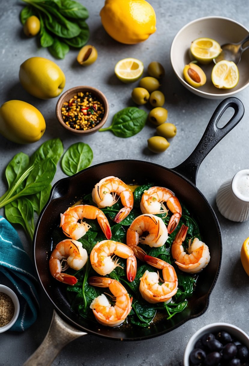 A sizzling skillet with plump shrimp, vibrant paprika, green olives, and fresh spinach, all surrounded by Mediterranean-inspired ingredients