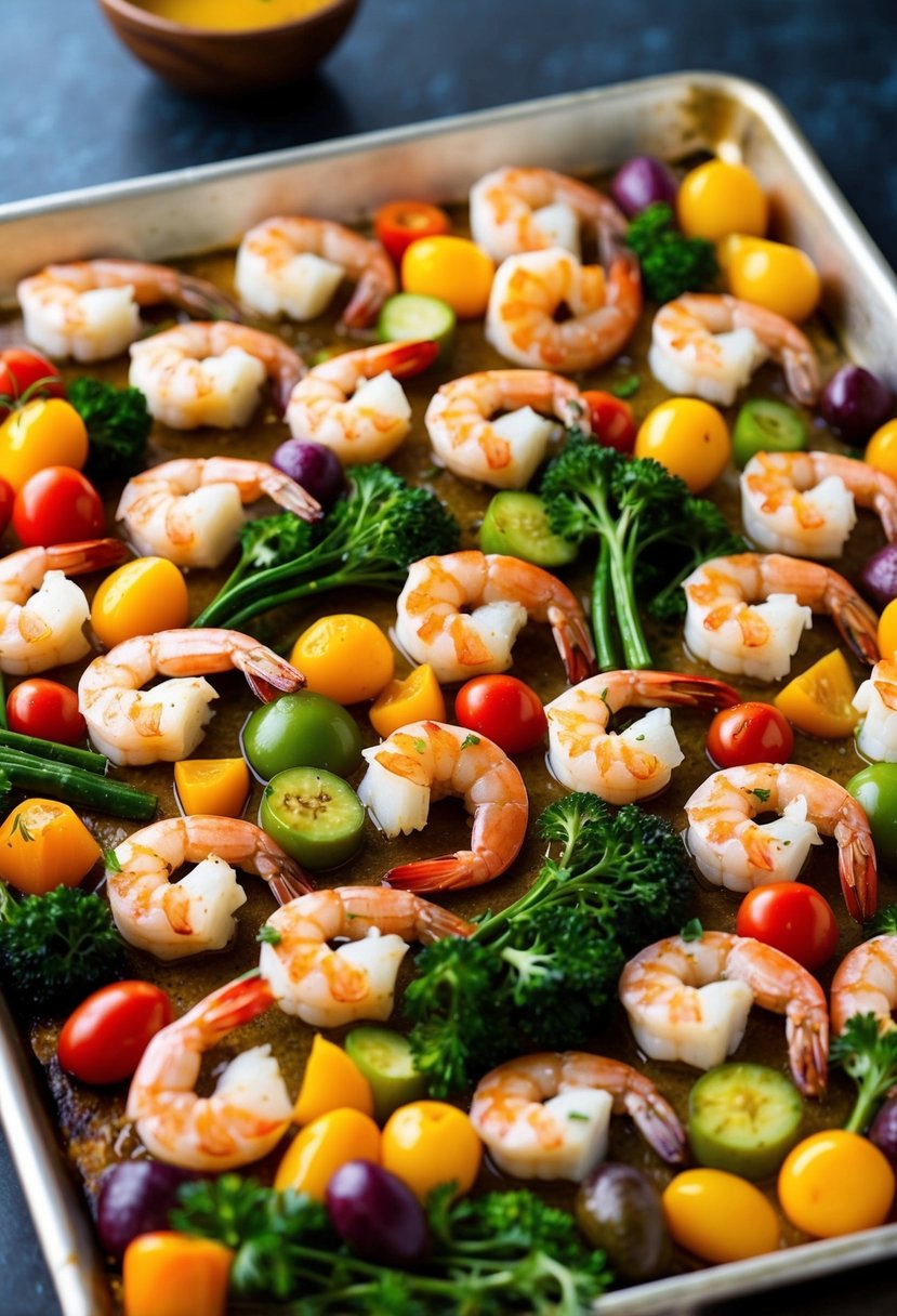 A sheet pan filled with colorful Mediterranean vegetables and succulent shrimp, arranged in an appetizing display ready for roasting