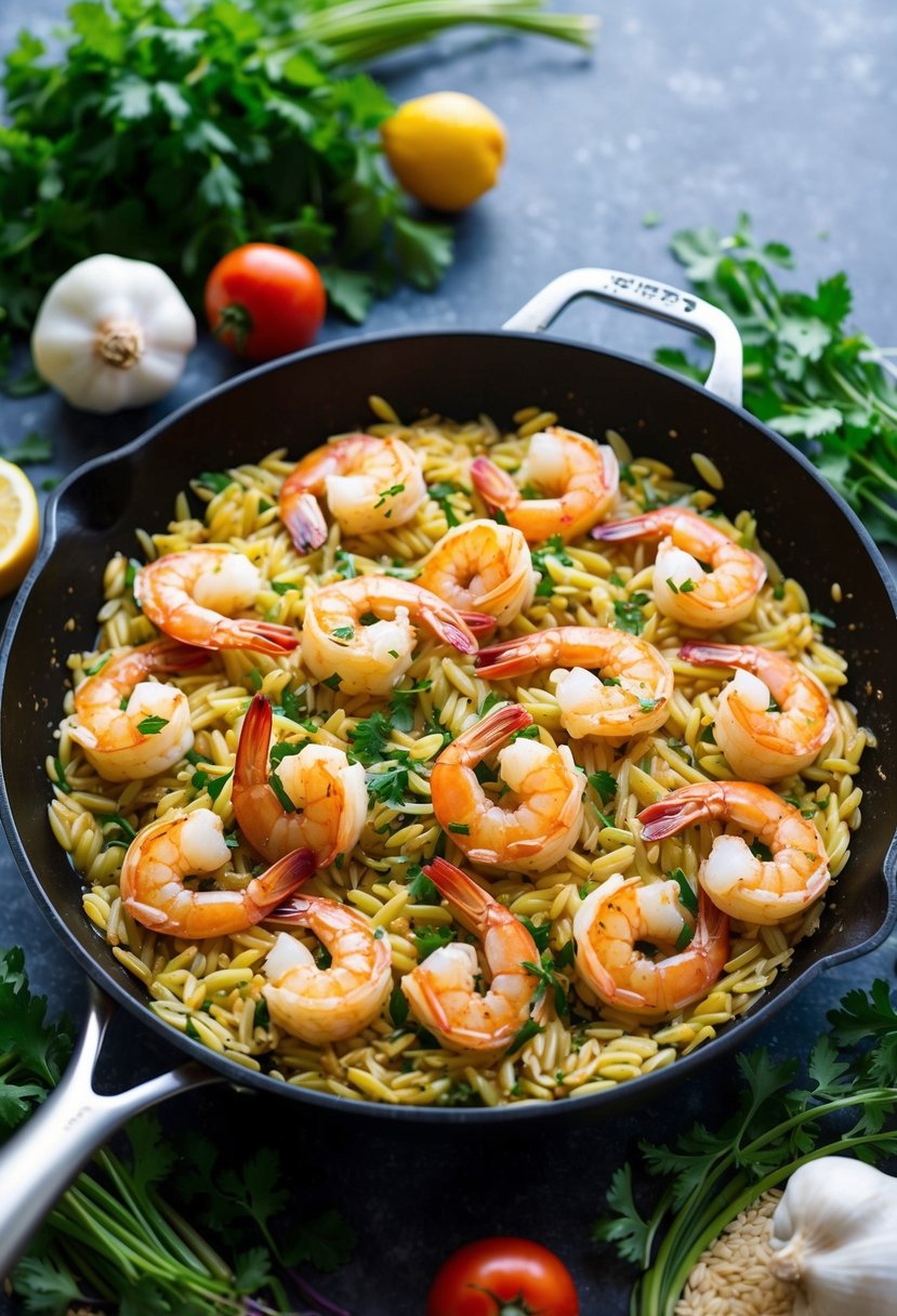 A sizzling skillet filled with plump shrimp, orzo, and vibrant Mediterranean flavors, surrounded by fresh herbs and colorful vegetables