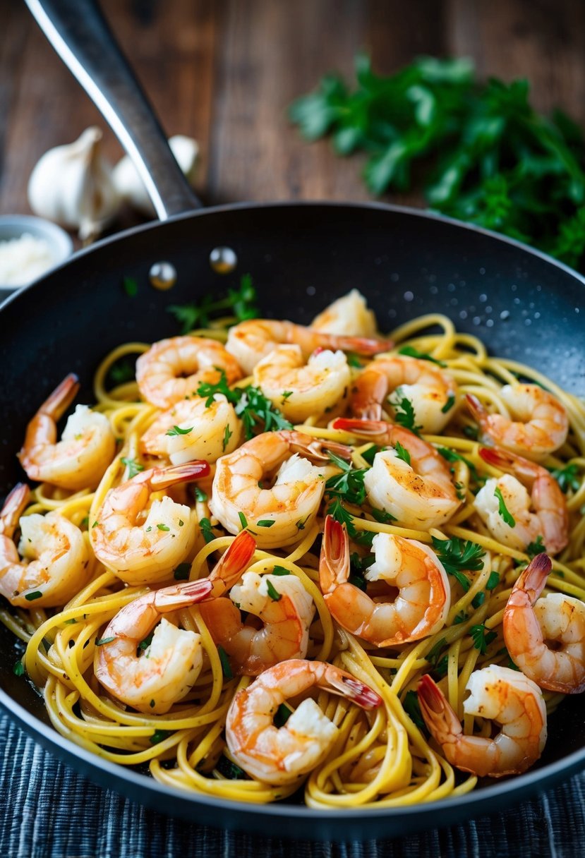 A sizzling pan of garlic shrimp tossed with al dente pasta and fresh Mediterranean herbs