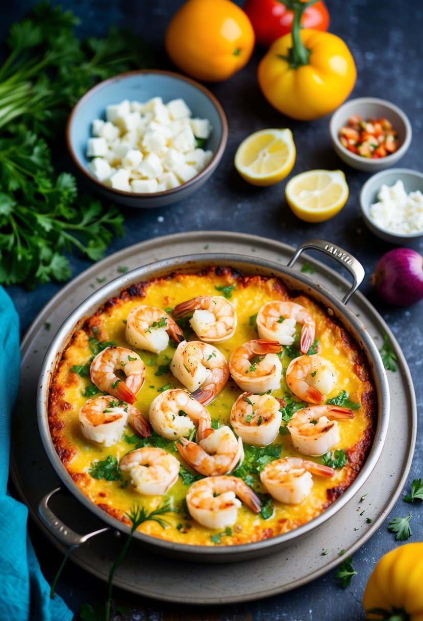 A sizzling shrimp and feta bake surrounded by colorful Mediterranean ingredients on a rustic, oven-safe dish