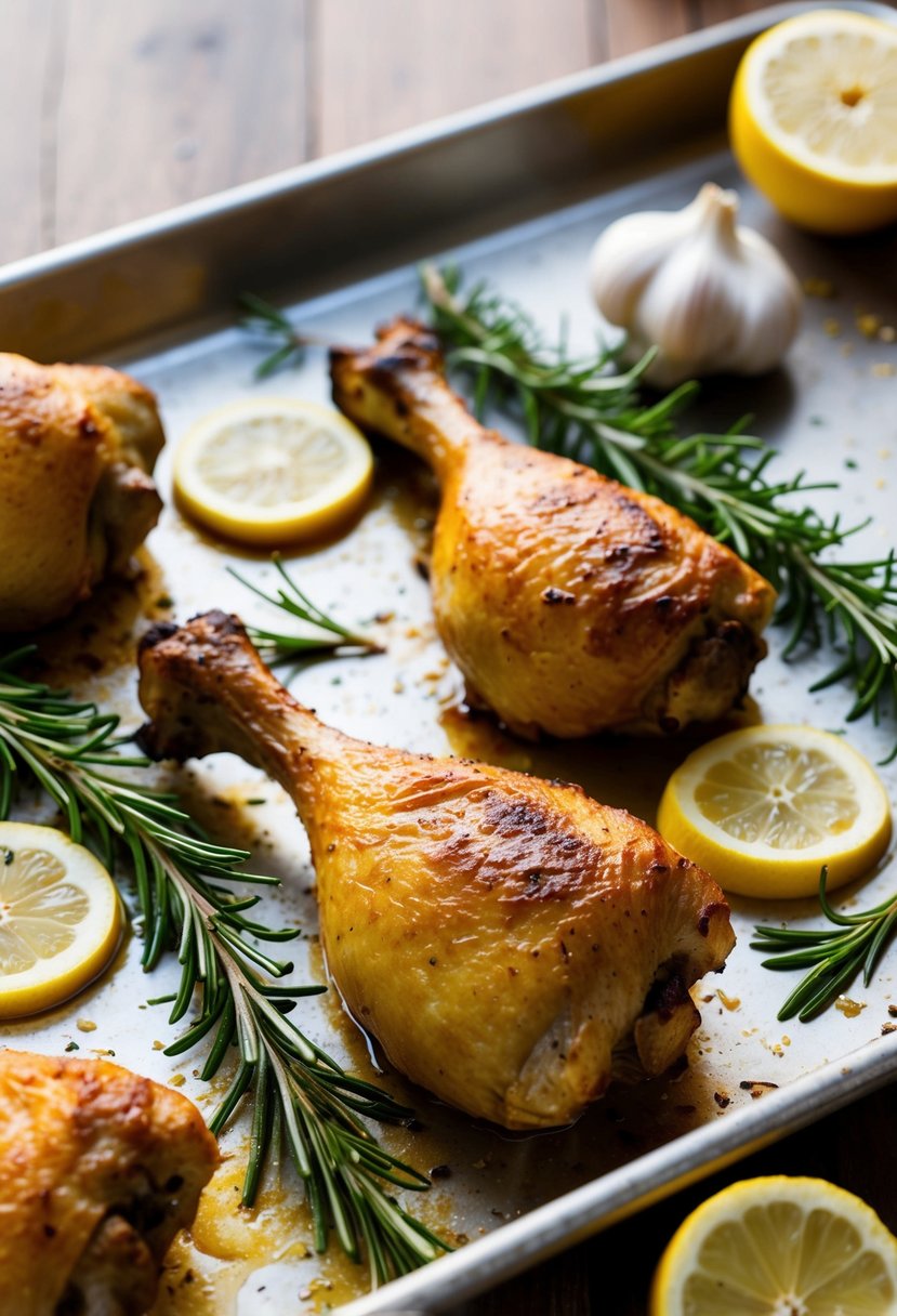 Golden brown drumsticks on a baking sheet surrounded by rosemary, garlic, and lemon slices