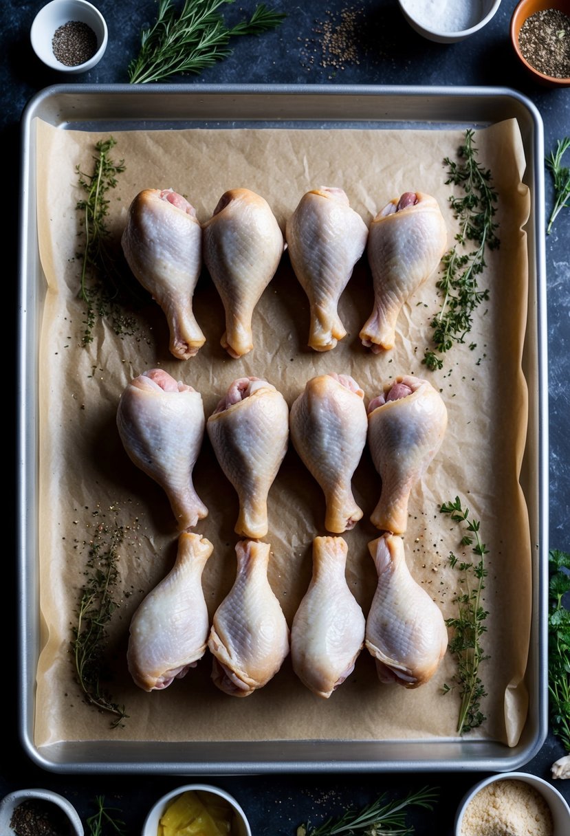 A baking sheet lined with parchment paper, surrounded by various seasonings and herbs, with a row of raw chicken drumsticks arranged neatly on top