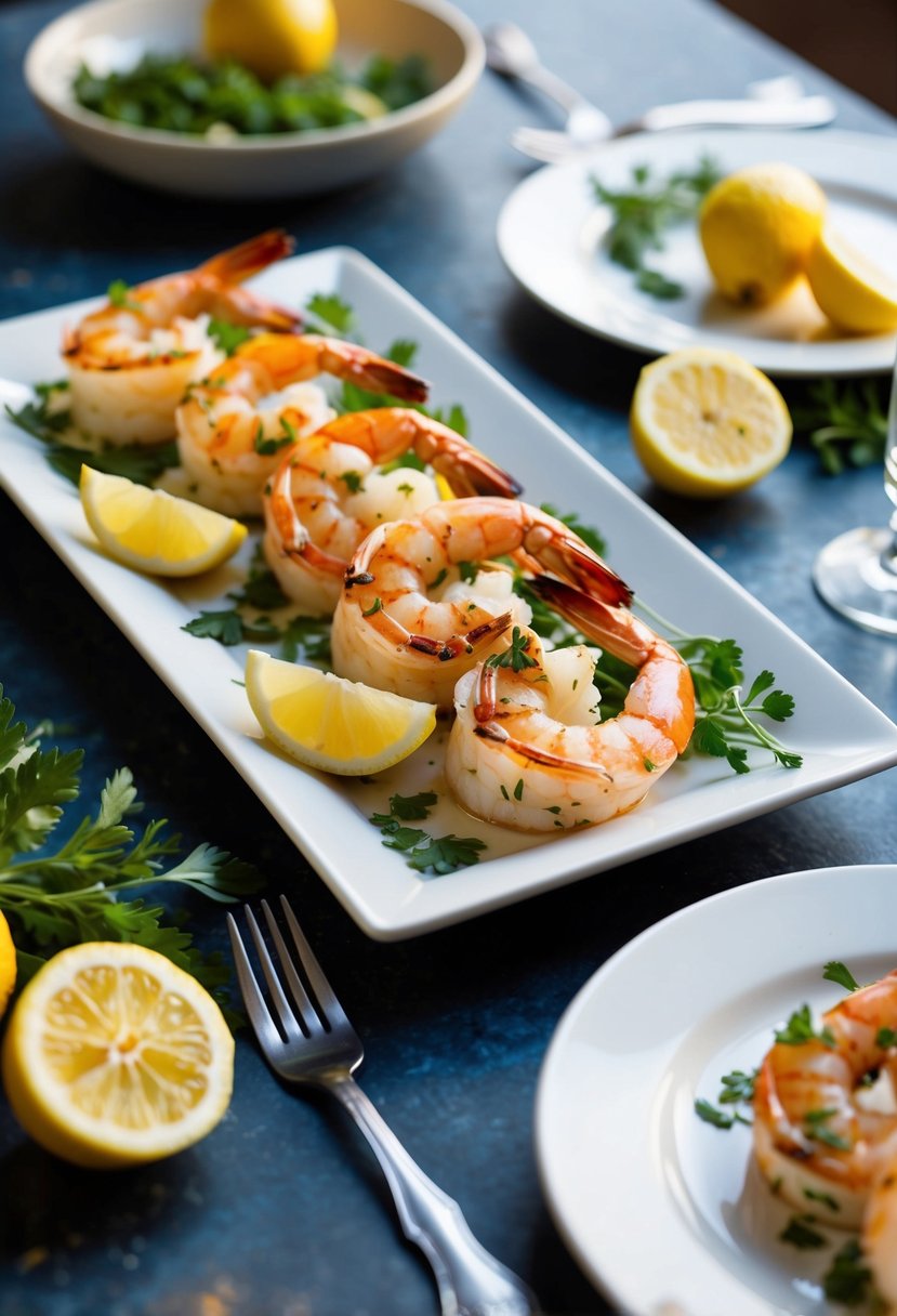 A platter of grilled shrimp with lemon wedges and fresh herbs on a Mediterranean-themed table setting