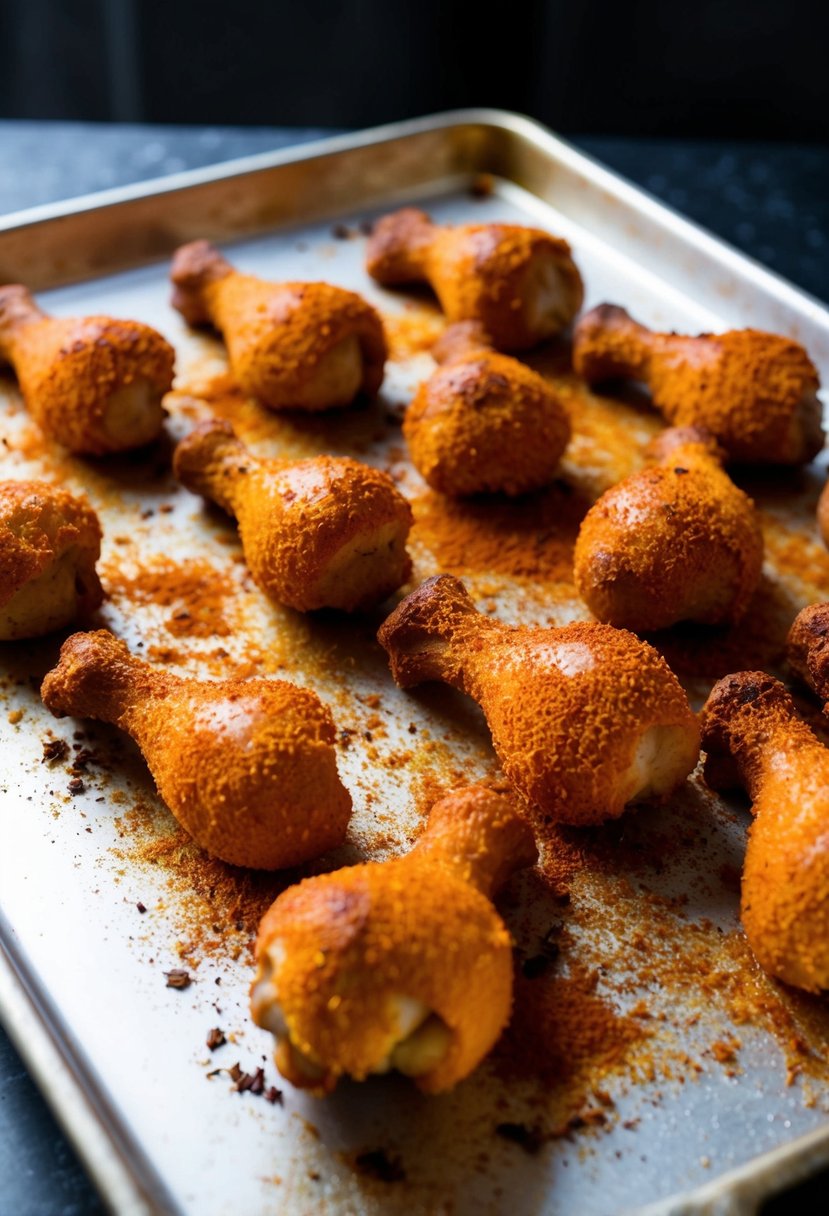 A baking sheet lined with golden brown, crispy drumsticks coated in aromatic spices